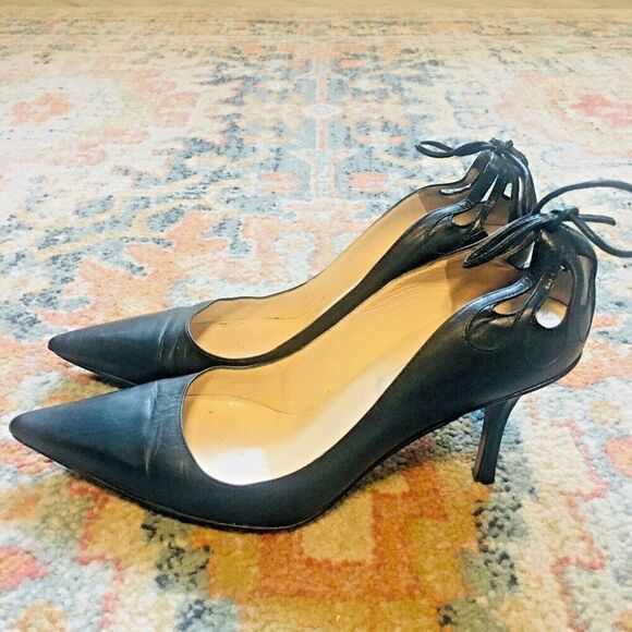 JIMMY CHOO Y2K Black Leather Bow Butterfly Cutouts Heels Pumps Shoes 37.5/7 - Picture 2 of 14